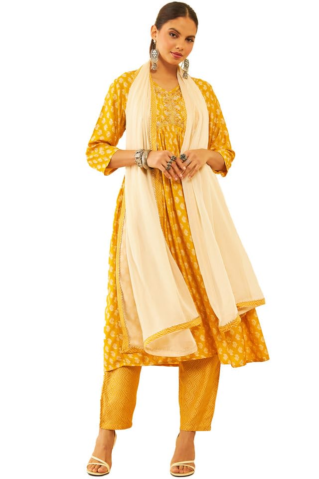 Soch Women Muslin Floral Print Suit Set with Sequins Work