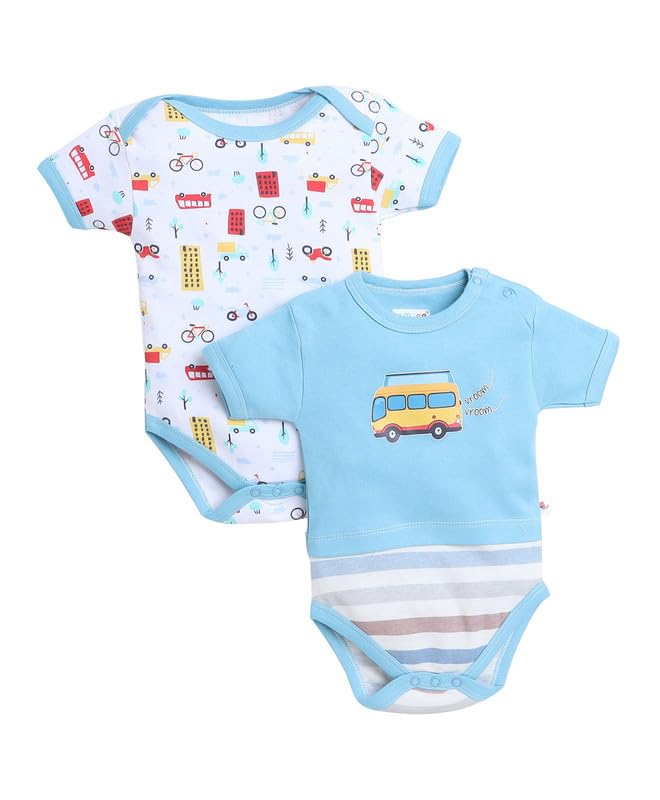 BUMZEE Blue & White Boys Half Sleeves Bodysuit Pack Of 2 Age - New Born (Peb9493A-blu.wht)