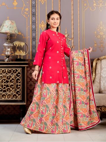 Aarika Girls Ethnic Wear Rani-Multi Colour Sequin Embroidery Silk Kurti Skirt Set -(8-15 Years)-(Sk-Tr-K-1013)