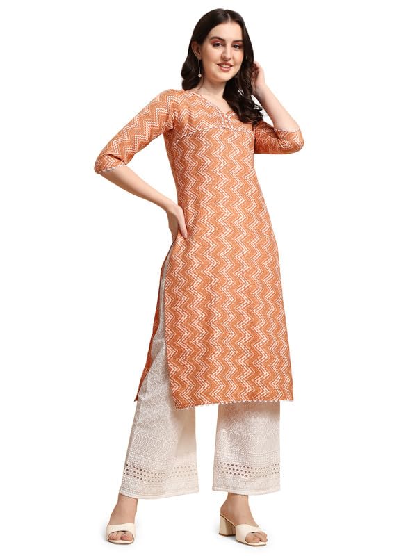 Nainvish Womens Cotton Blend Straight V-Neck Printed Kurta (Sd421_K-M._Orange)