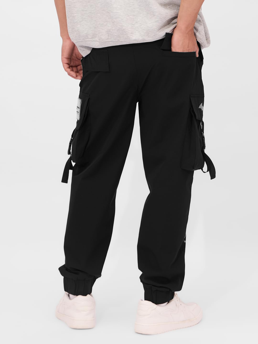 The Souled Store Batman: Dark Knight Men and Boys Drawstringed Black Printed Cotton Cargo Joggers