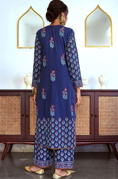 ANNI DESIGNER Womens Rayon Blend Straight Printed Kurta with Pant & Dupatta (MASUMI Blue_M_Blue_Medium)