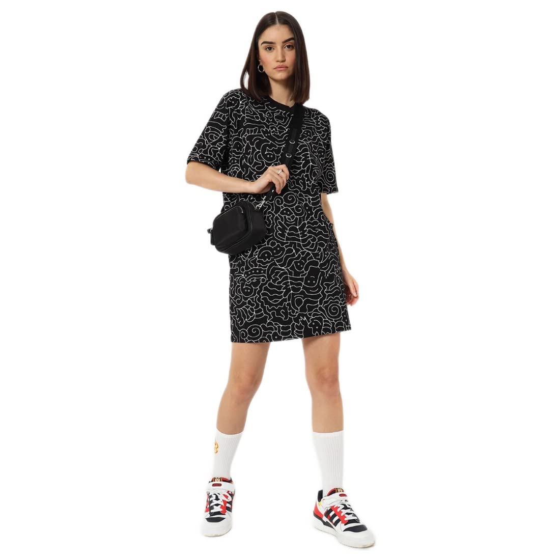 Bewakoof Womens All Over Print Black Round Neck Half Sleeve Relaxed Fit Dress