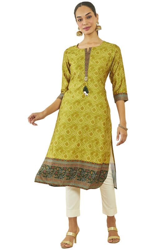 Soch Womens Olive Satin Bandhani Print Straight Kurta With Contrast Border