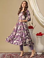 ANNI DESIGNER Womens Cotton Blend Anarkali Printed Kurta with Pant (Damian Purple_3XL_Wine_XXX-Large)