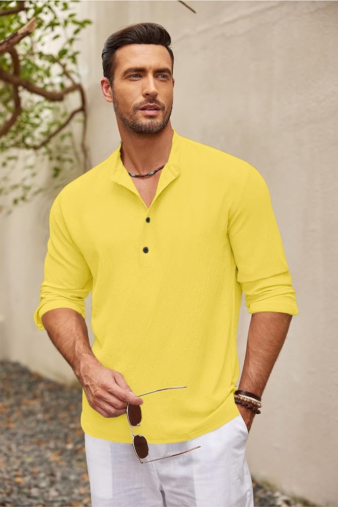 Zartha Mens Regular Fit Solid Cotton Blend Straight Kurta Yellow
