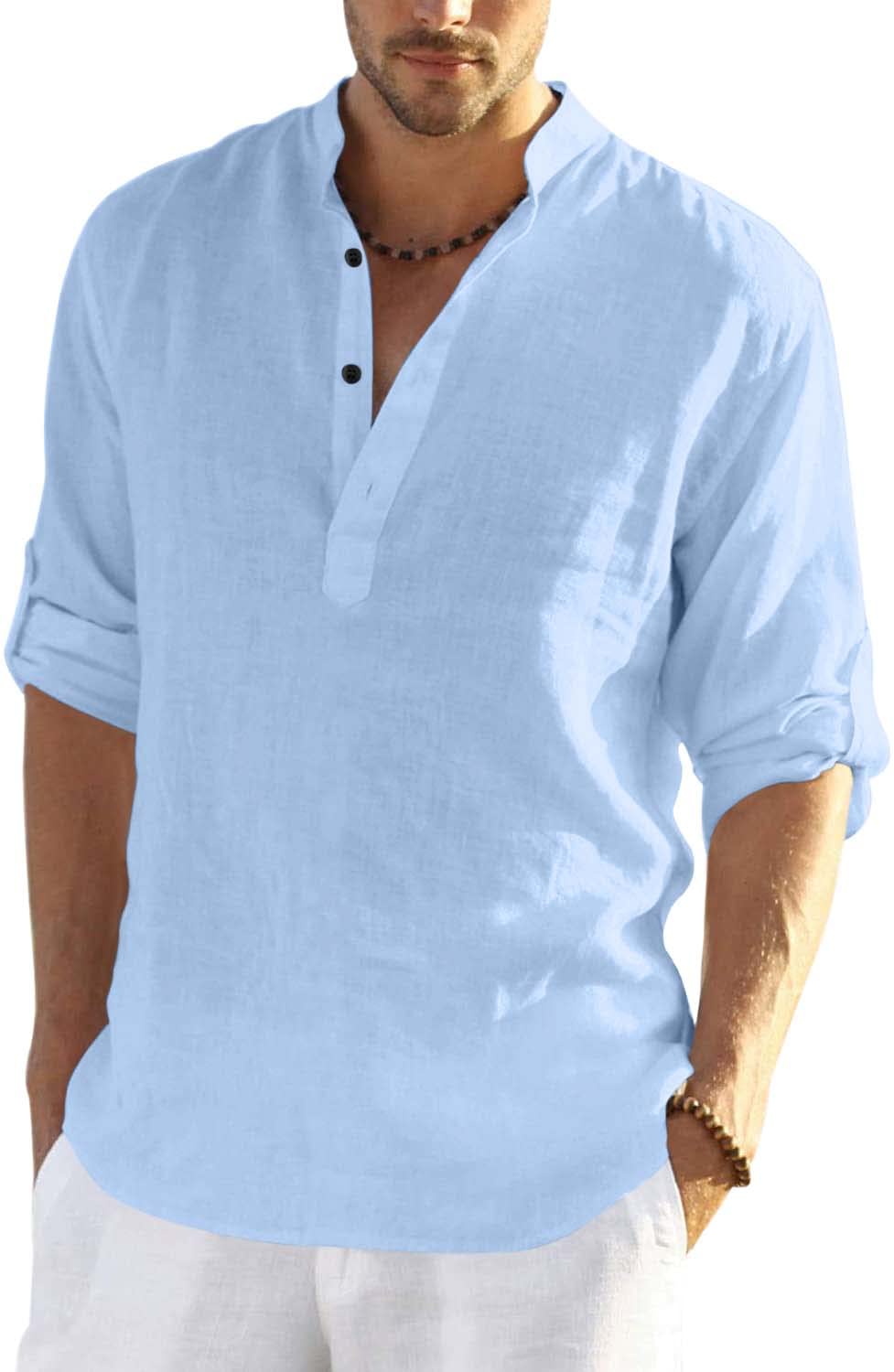 Hemrin MenS Cotton Blend Full Sleeve Short Kurta Shirt With Mandarin Collar Sky Blue