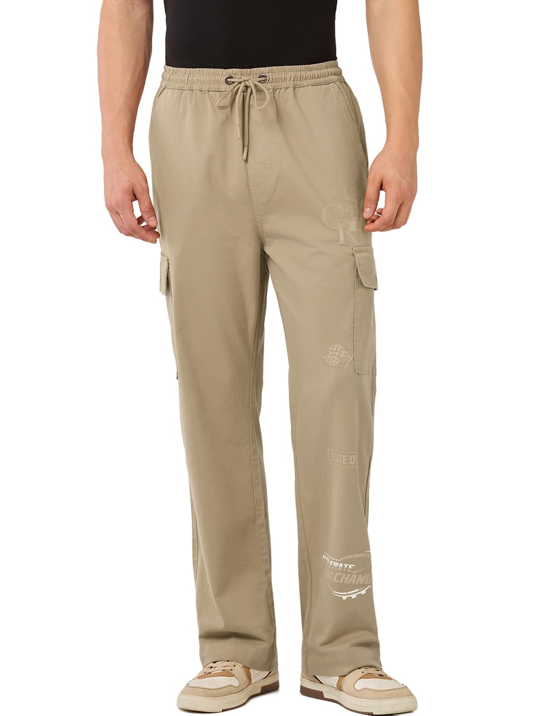 Bewakoof Mens Printed Straight Fit Cotton Lycra Blend Cargo Pants_664153_Beige_30