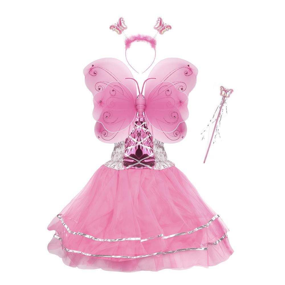 VOWOV Halloween Girls Dress Up Princess Fairy Costume Set with Dress, Wings, Wand and Headband for Children Ages 3-10
