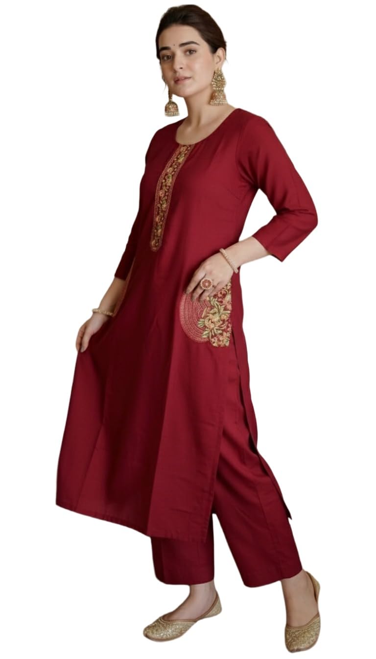 ANNI Designer Womens Viscose Straight Embroidered Kurta with Palazzo (UDALA RED_L_Blue_Large)