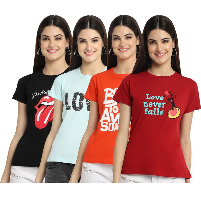 Preneum Womens Cotton Regular Fit Latest Graphic Stylish Printed Short Sleeves Casual T-Shirt || Latest Trendy & Style (Pack 4)