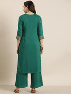 Ziyaa Women Green Color Chinon Straight Foil Printed Kurta And Palazzo Set