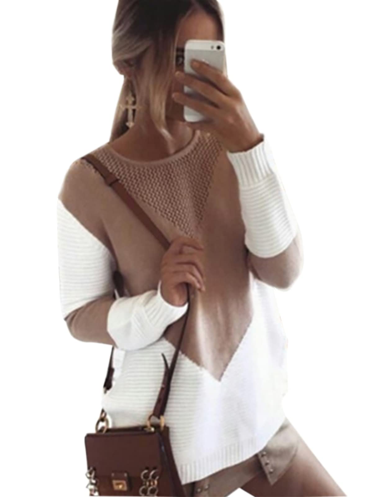 shermie Women Long Sleeve Crew Neck Pullovers Stitching Color Loose Knitted Sweaters (X-Large,Camel)
