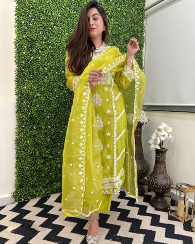 ANNI DESIGNER Womens Rayon Blend Straight Embroidered Kurta with Pant & Dupatta (Carlton Lemon_4XL_Lemon_XXXX-Large)