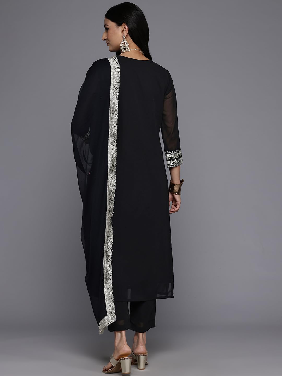 VARANGA Women Black Zari Embroidered Kurta With Bottom And Dupatta