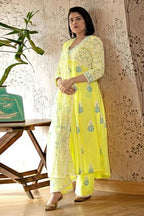 ANNI DESIGNER Womens Rayon Blend Anarkali Printed Kurta with Pant & Dupatta (Renu-Yellow-NW_XXL_Yellow_XX-Large)