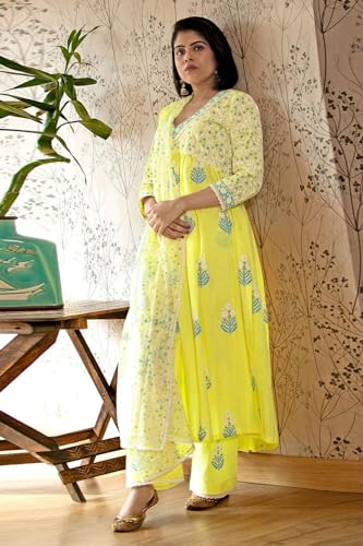 ANNI DESIGNER Womens Rayon Blend Anarkali Printed Kurta with Pant & Dupatta (Renu-Yellow-NW_XXL_Yellow_XX-Large)