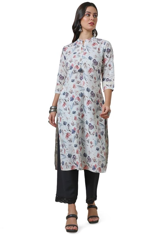 Soch Women Linen Blend Floral Print Kurta with Mandarin Collar