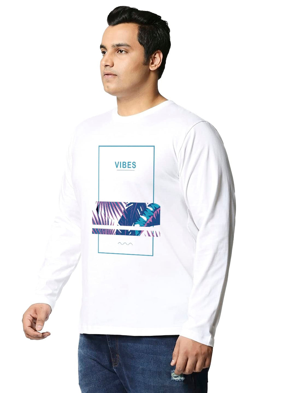 Bewakoof Mens Vibes Graphic Printed Plus Size T-Shirt, Regular Fit, Round Neck, Full Sleeve_590090_White_3XL
