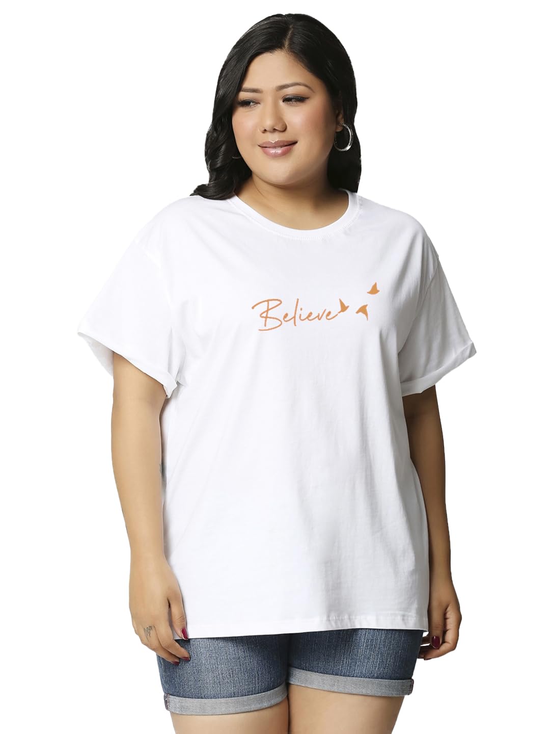 Bewakoof Womens Cotton Graphic Printed Plus Size Boyfriend T-Shirt_625706_White_3XL, Relaxed Fit