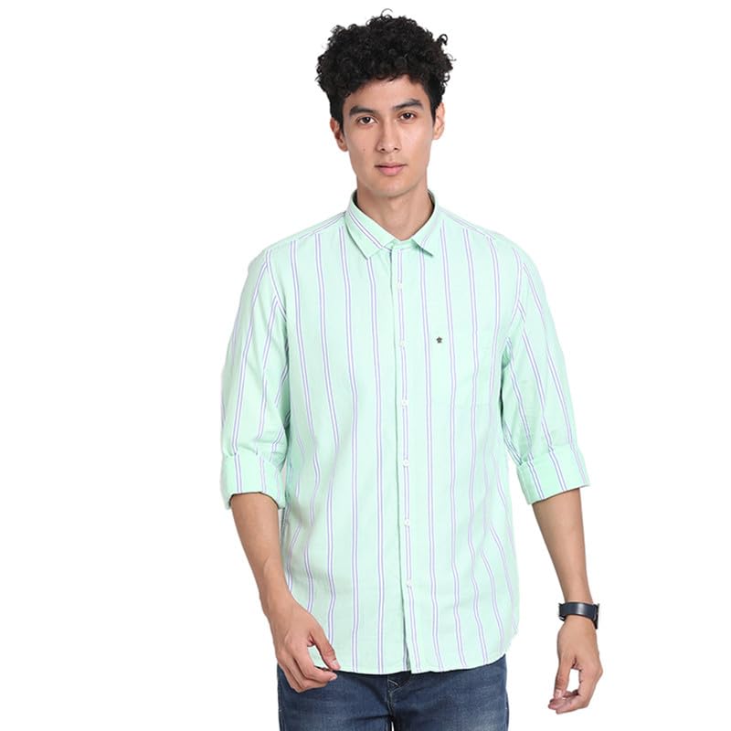 Turtle Men 100% Cotton Light Green Stripes Slim Fit Casual Shirt