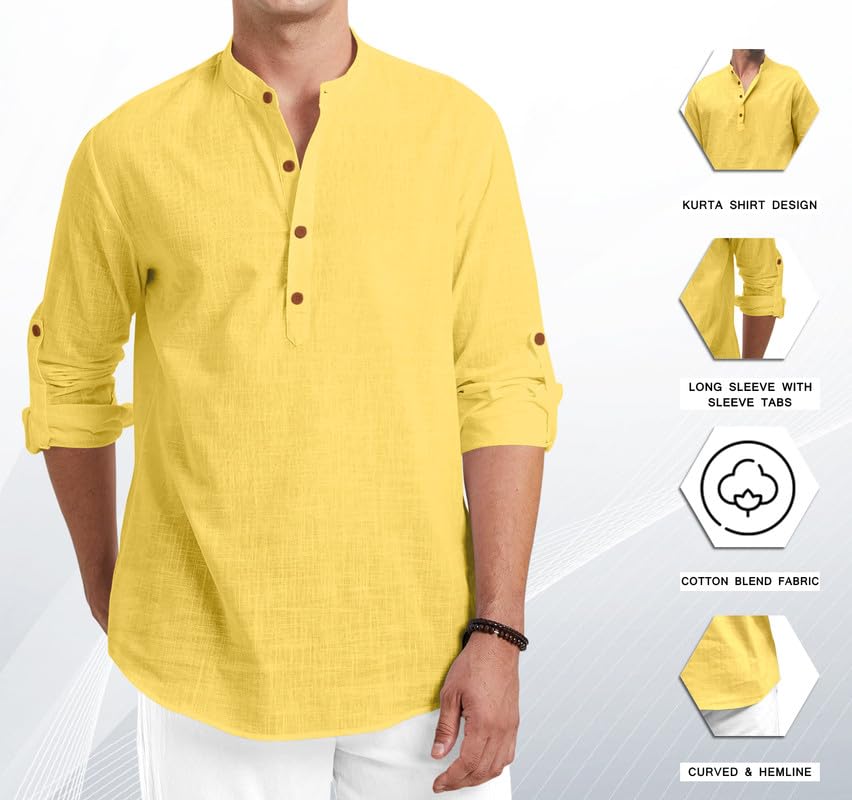 Macsivo MenS Cotton Polyester Blend Solid Regular Fit Full Sleeve Short Kurta | Lightweight Summer Short Kurta Yellow
