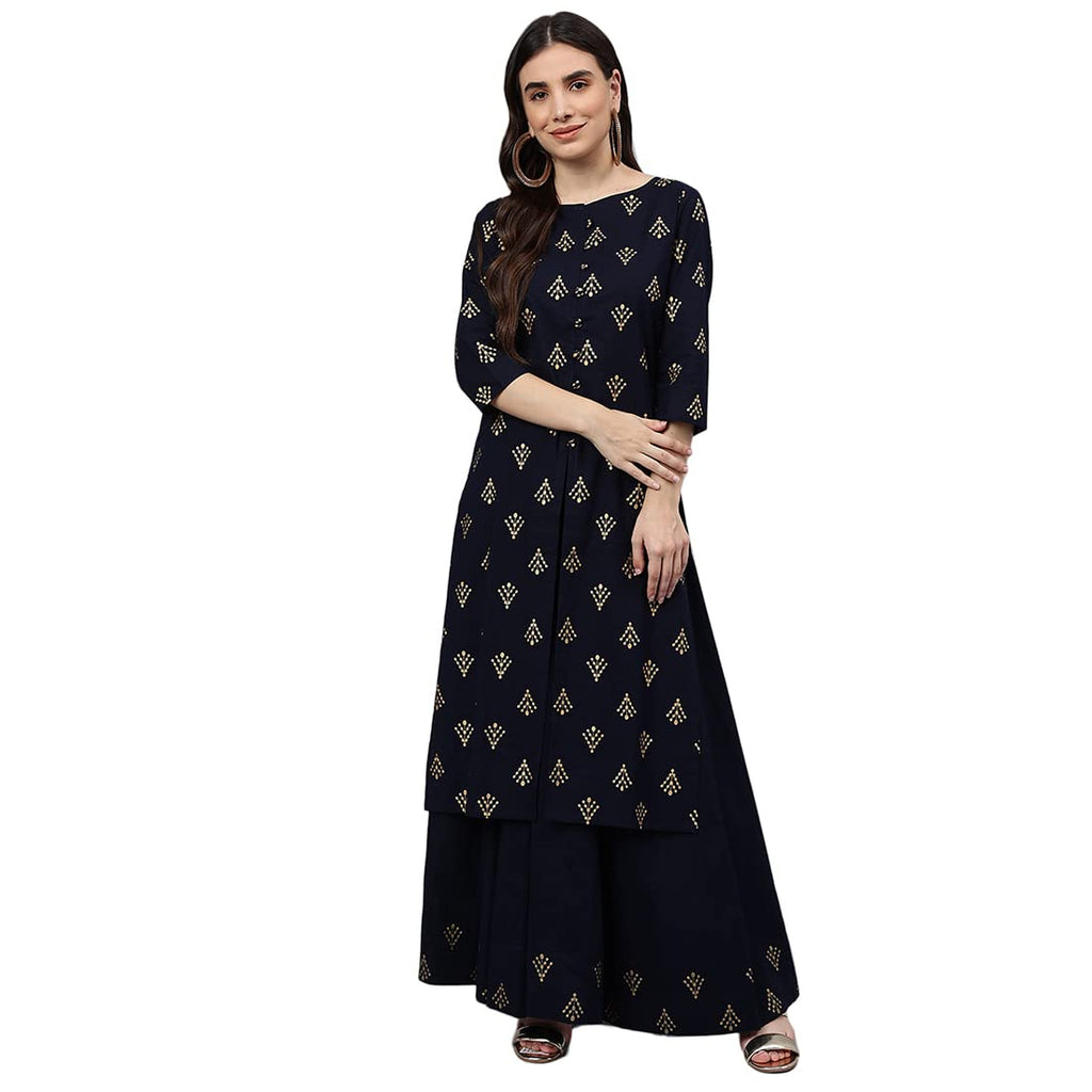 Idalia Printed Kurta With Navy Blue Cotton Skirt