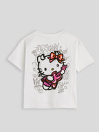 The Souled Store Hello Kitty: Musical Girls Short Sleeves Round Neck White Graphic Printed Cotton Oversized T-Shirts