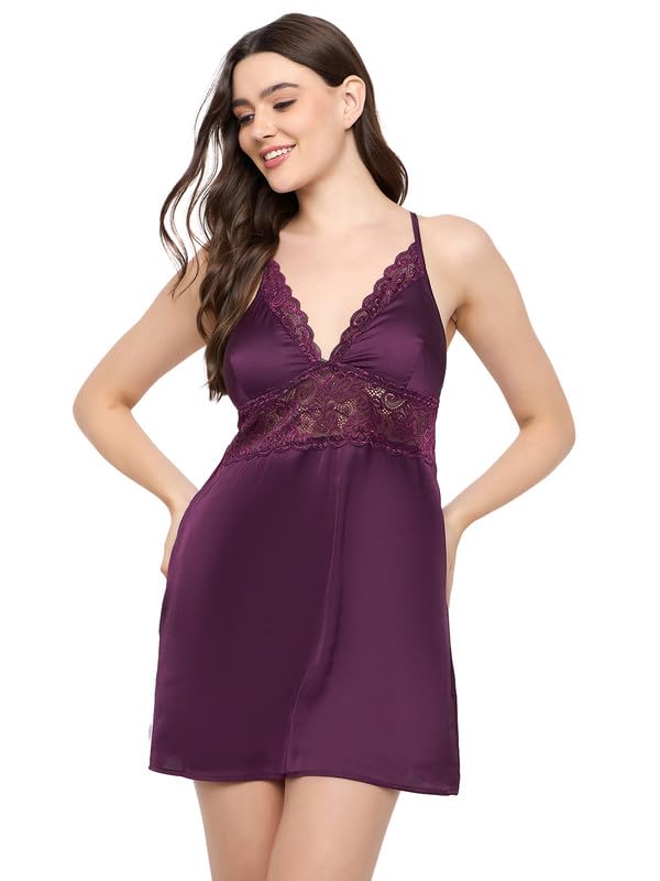 Clovia Womens Satin Solid Babydoll (NS6436R15_Purple_XXL)