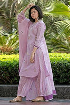 ANNI DESIGNER Womens Rayon Blend Hand Block Printed Straight Kurta with Pant & Dupatta (RAGSRI-Purple_L_Purple_Large)