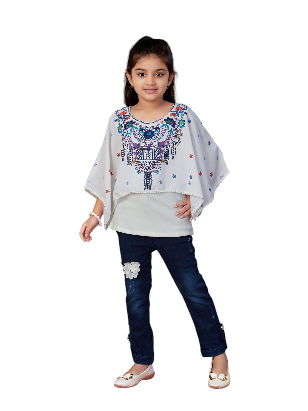 Aarika Girls White-Navy Blue Colour Floral Print Georgette Top & Palazzo (4-11 Years)