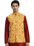 Sojana (Since 1958) Mens Cotton Linen Yellow & Multi Printed ONLY Nehru Jacket