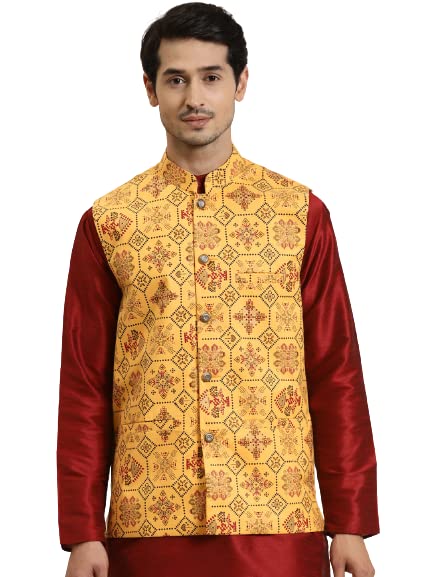 Sojana (Since 1958) Mens Cotton Linen Yellow & Multi Printed ONLY Nehru Jacket