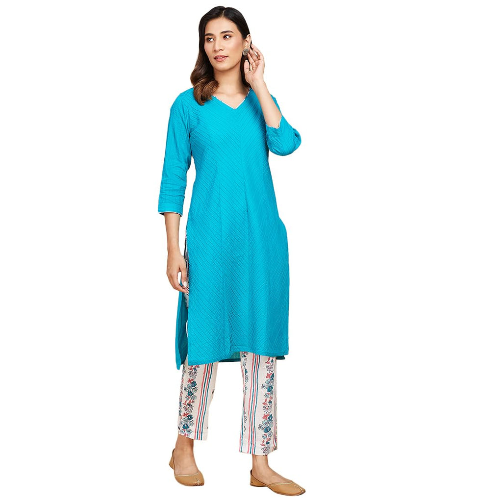 Fabindia Women'S Cotton Suit-Dress Set (20064706_Turquoise