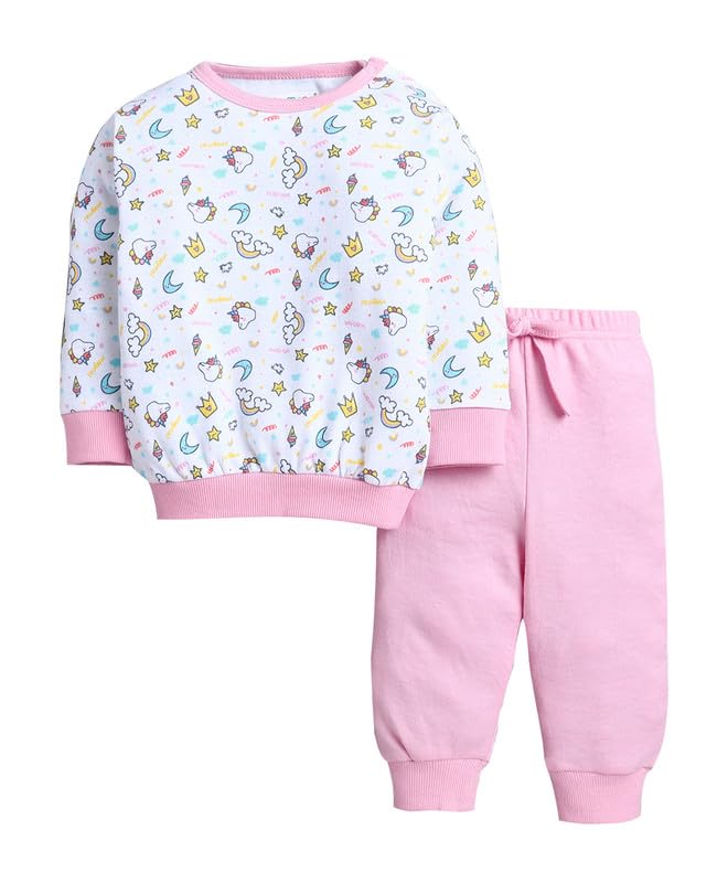 Bumzee Baby Girls Cotton Round Neck Full Sleeves Animal Print T-Shirt & Jogger Set White & Baby Pink - 12-18 Months (Peb11086D-W