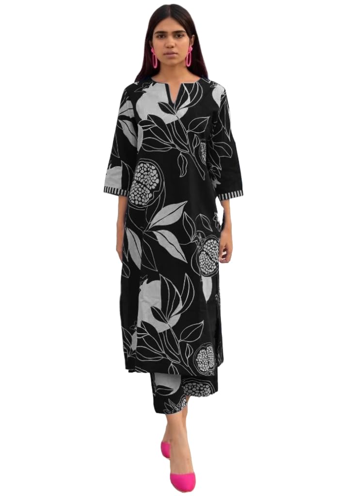 ANNI DESIGNER Womens Cotton Blend Straight Printed Kurta with Pant (ANAAR-Black_S_Black_Small)