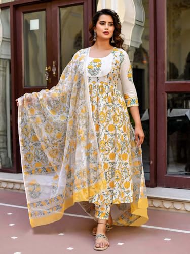 Pinkmint Women Flower Printed Anarkali Kurta & Pat Set with Dupatta