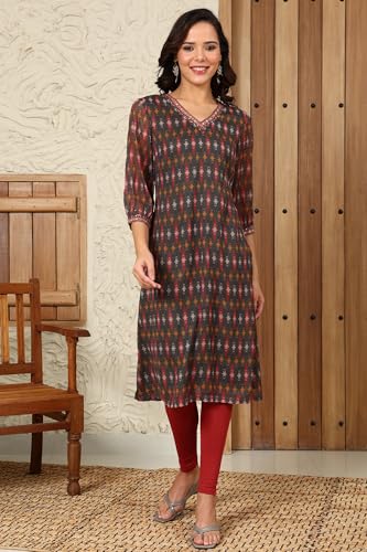 W For Woman Green Geometric Printed Chiffon Straight Kurta With Sequined Neckline
