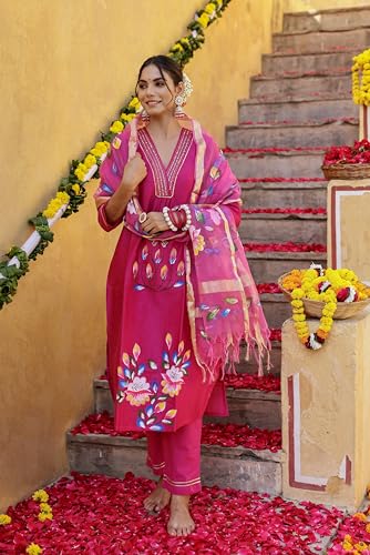 ANNI DESIGNER Womens Rayon Blend Printed Straight Kurta with Pant & Dupatta (Sanskrit Rani_XL_Pink_X-Large)
