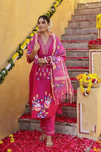 ANNI DESIGNER Womens Rayon Blend Printed Straight Kurta with Pant & Dupatta (Sanskrit Rani_XL_Pink_X-Large)