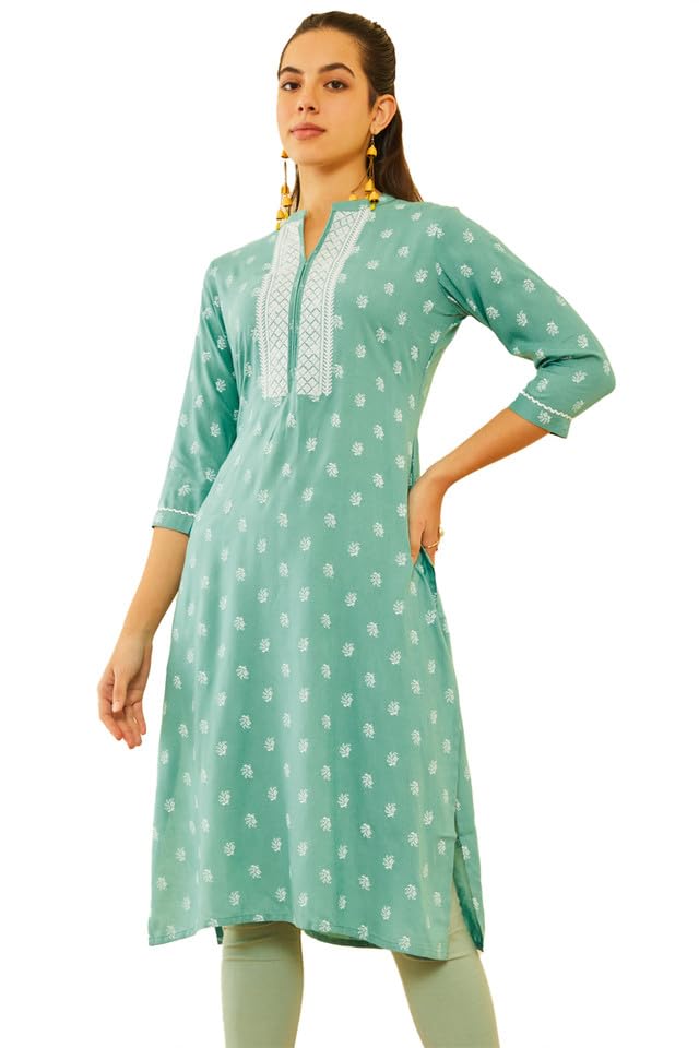 Soch Womens Green Rayon Embroidered Kurta With Thread Work