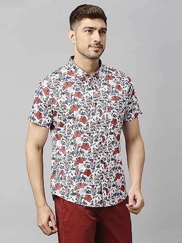 Thomas Scott Mens Printed Slim Fit 100% Cotton Casual Shirt with Spread Collar and Half Sleeve
