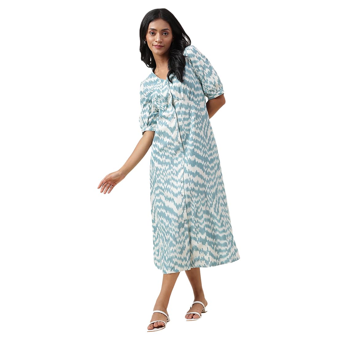 Fabindia Womens White Cotton Printed Midi Dress Calf Length 1030621WHITE- Blue