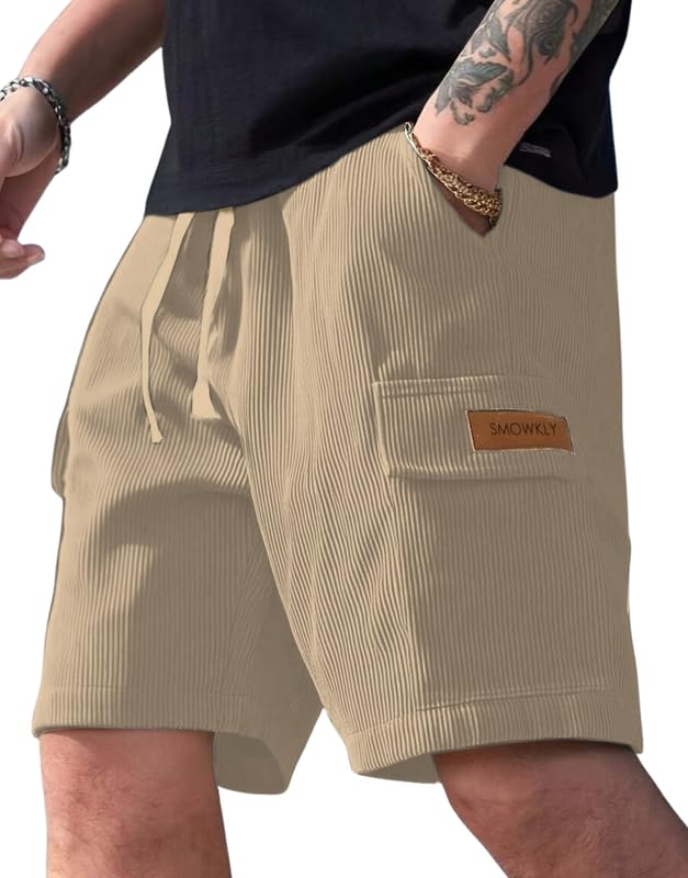 SMOWKLY Authentics Classic Mens Ribbed Polycotton Relaxed Fit Cargo Stretch Shorts || Half Pant with Drawstring & 4 Pockets || 