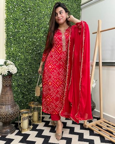 ANNI DESIGNER Women s Rayon Blend Printed Straight Kurta with Pants and Dupatta, Red, XL