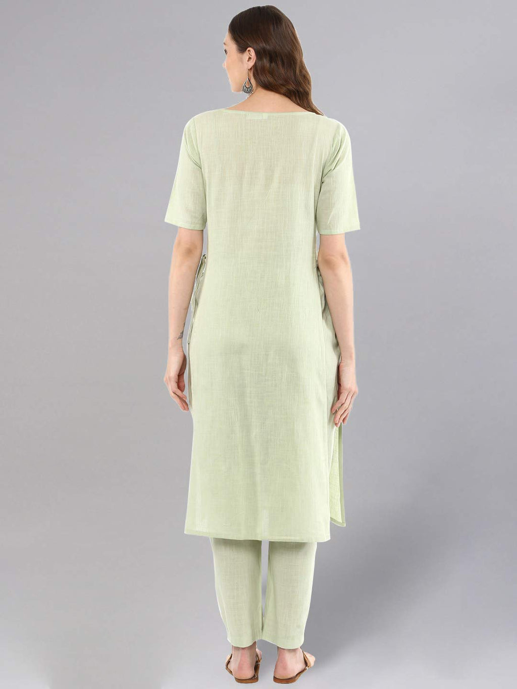 Idalia Sage Green Solid Straight Kurta Set With Pant - Stylish Boat Neck Kurta Design - Cotton Kurtas For Women - Elbow Sleeve,