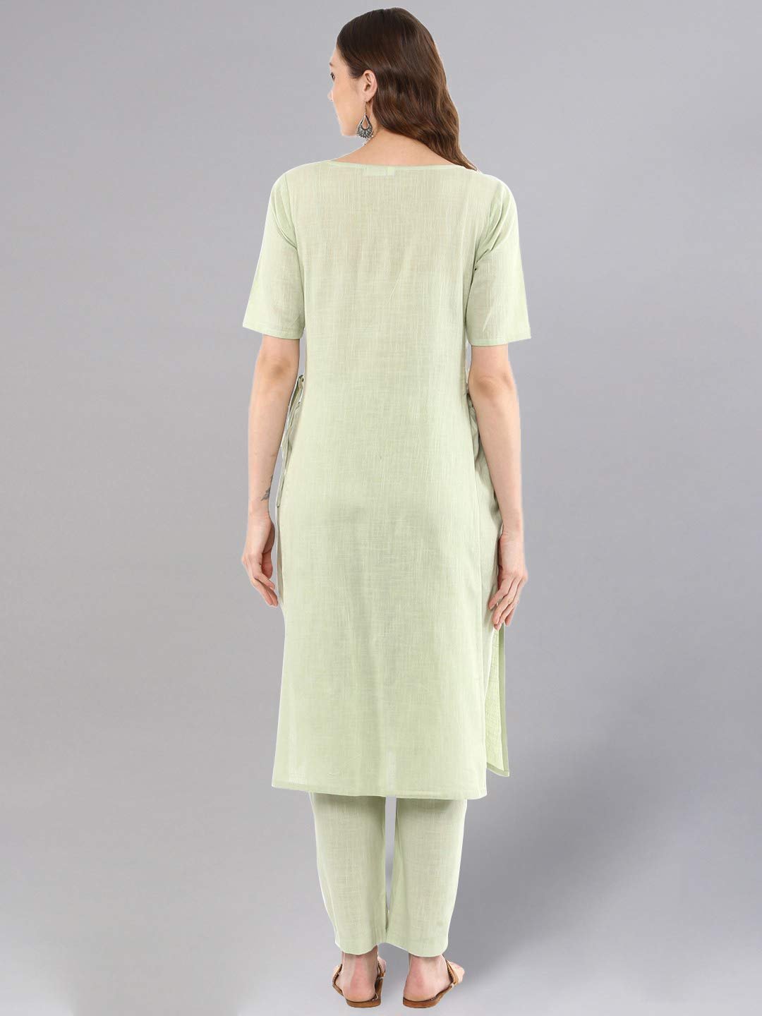 Idalia Sage Green Solid Straight Kurta Set With Pant - Stylish Boat Neck Kurta Design - Cotton Kurtas For Women - Elbow Sleeve,