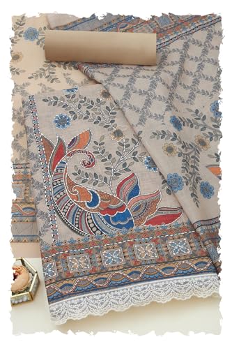 Soch Women Linen Botanical Print Unstitched Dress Material with Thread Work