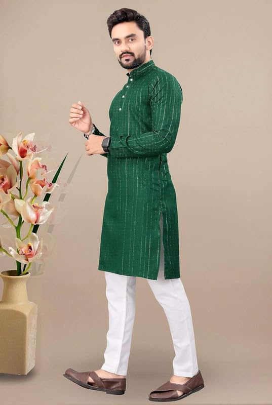 Fashion Gallery MenS Stylish Lurex Stripe Straight Knee Length Kurta -| Mens Kurta| Ethnic Wear | Lurex Fabric Kurta For Men (M
