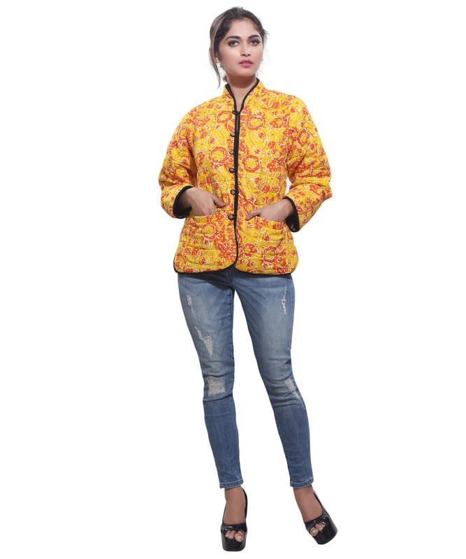 Rapsodia Women Solid Reversible Winterwear Jacket Yellow and red